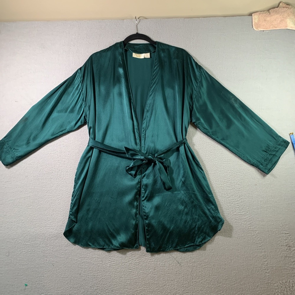 Victorias Secret Gold Label Vintage Womens Green Satin Short Robe Sz ONE SIZE